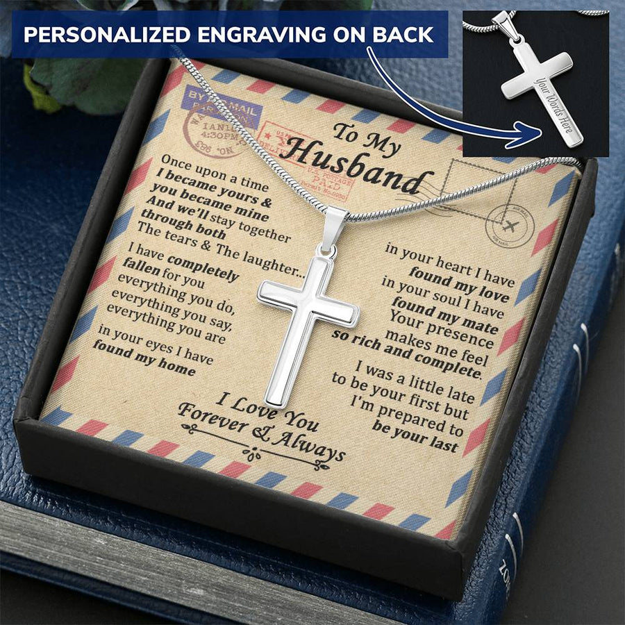 Personalized We'll Stay Together Through Tears and Laughter Stainless Steel Cross Necklace Engraved Perfect Anniversary Gift for Husband