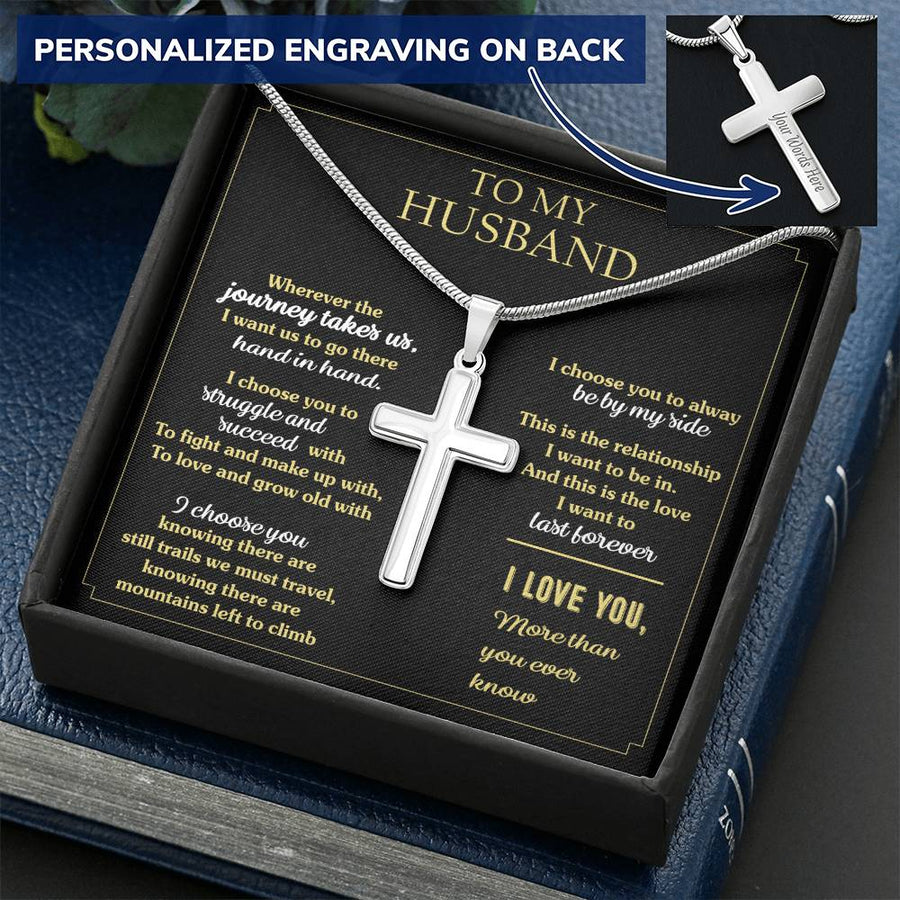 Personalized Hand in Hand Stainless Steel Cross Necklace Engraved Perfect Anniversary Gift for Husband