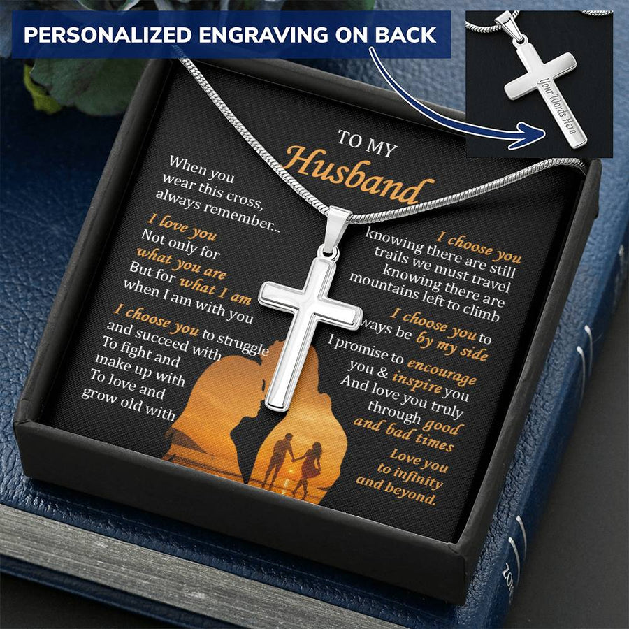 Personalized Inspire You Through Good and Bad Times Stainless Steel Cross Necklace Engraved Perfect Anniversary Gift for Husband