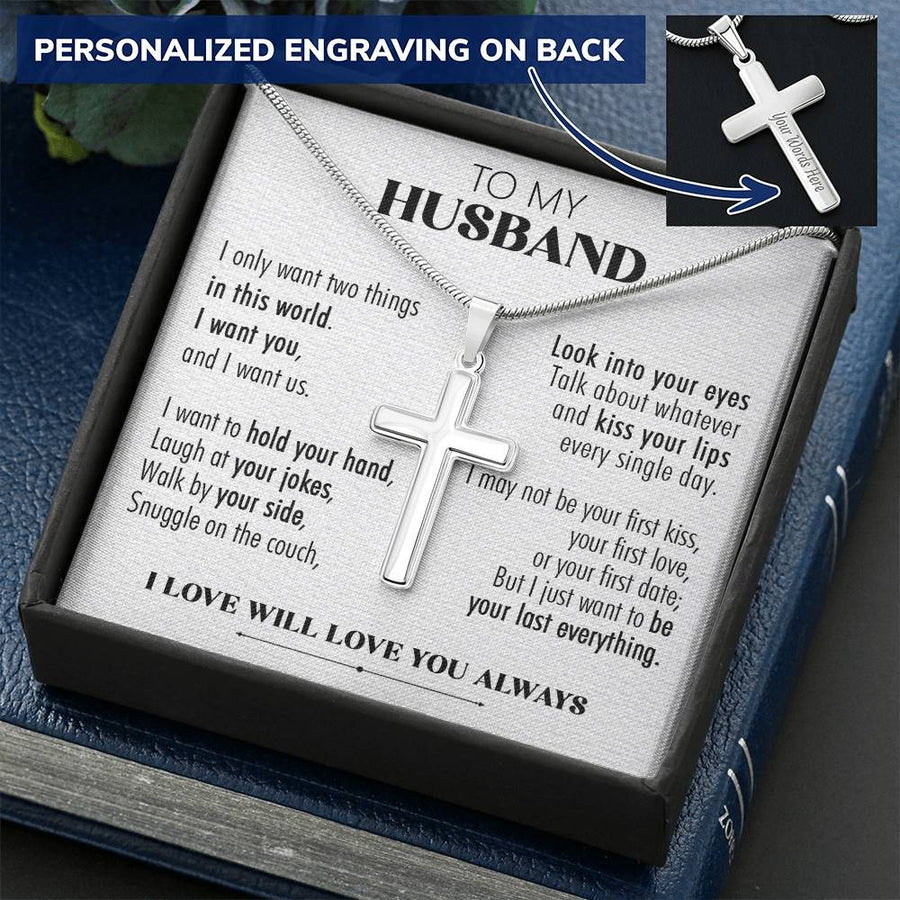 Personalized All I Want Is to Hold Your Hand Stainless Steel Cross Necklace Engraved Perfect Anniversary Gift for Husband