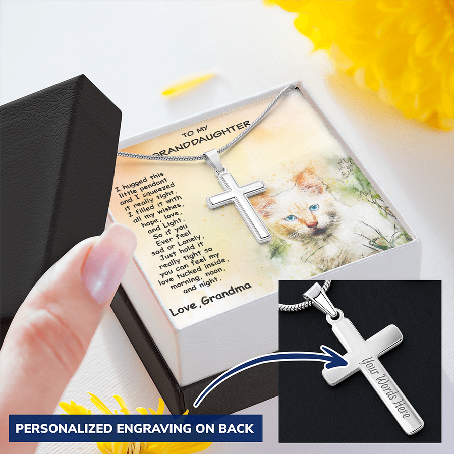 Granddaughter Engraved Cross Necklace Hugs from Grandma