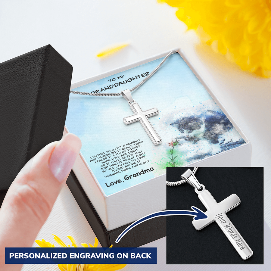 Granddaughter Engraved Cross Pendant Necklace Kitten Message Card Gift Box