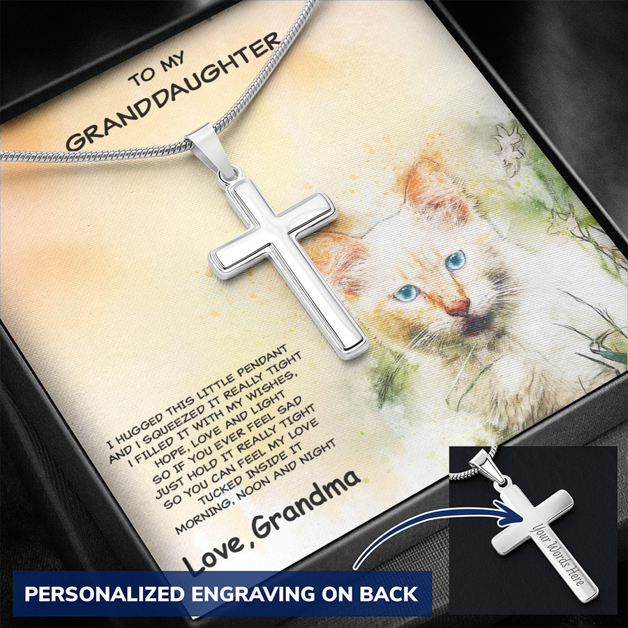 Granddaughter Hugs from Grandma Engraved Cross Necklace
