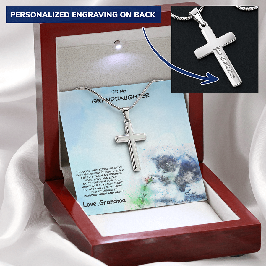 Granddaughter Engraved Cross Pendant Necklace Kitten Message Card Gift Box