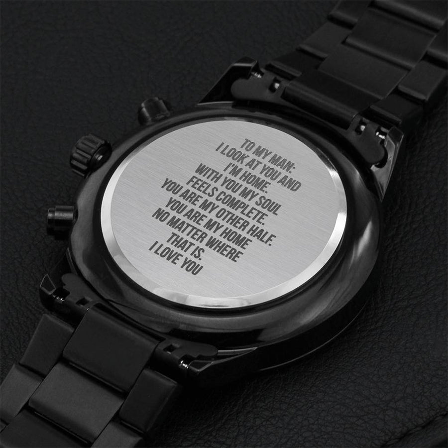 Gift For Husband Fathers Day Gift From Wife Soulmate Gift Black Chronograph Engraved Watch For Men Christmas Gift For Fiance Engraving Chronograph Watch