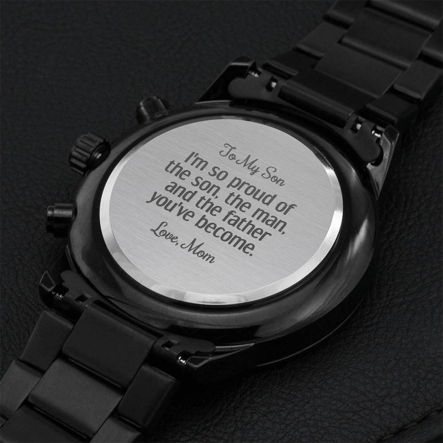 Son Graduation Gift For Son Birthday Fathers Day Gift From Mom Black Chronograph Engraved Watch For Men Christmas Gift For Son Engraving Chronograph Watch