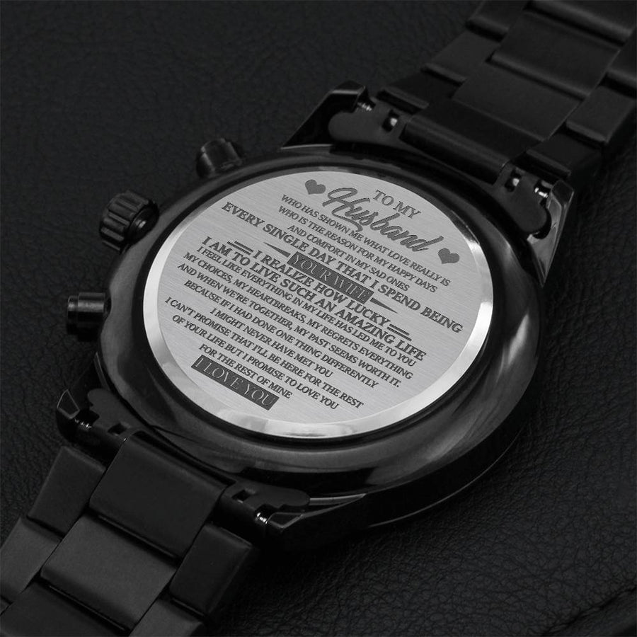 To My Husband Customized Black Chronograph Watch For Father's Day From Wife Engraving Chronograph Watch