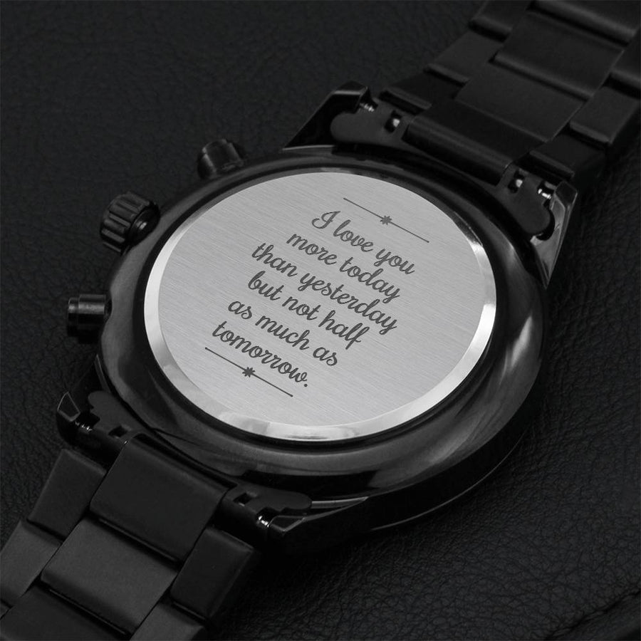 Gift For Husband Fathers Day Gift From Wife Soulmate Gift Black Chronograph Engraved Watch For Men Christmas Gift For Fiance 1 Engraving Chronograph Watch