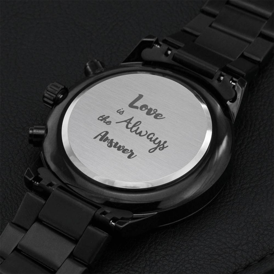 Love Is Always The Answer Men's Black Chronograph Watch Engraving Chronograph Watch