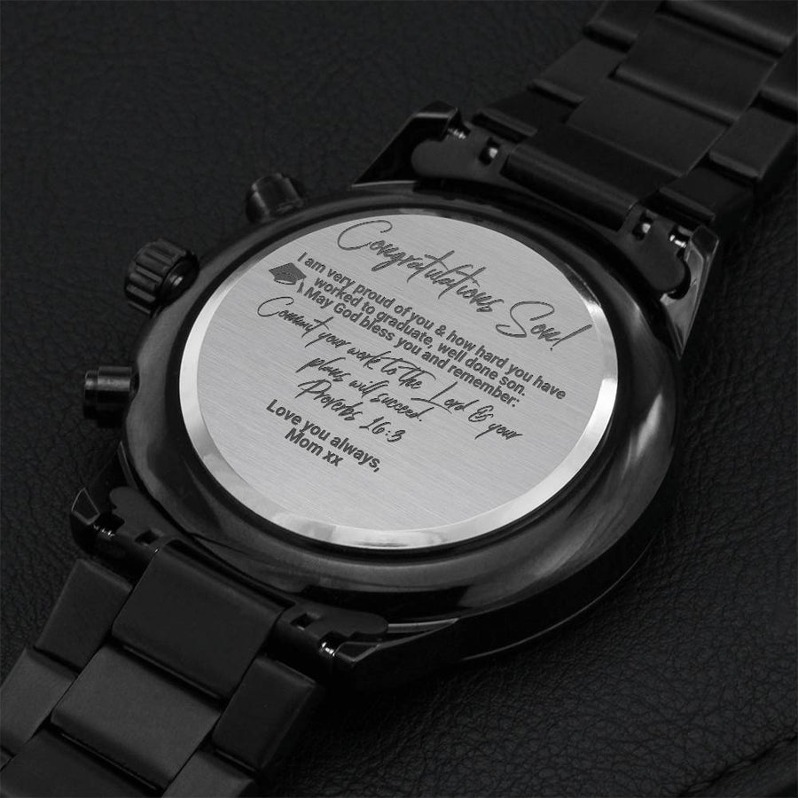 Graduation Watch Gift For Son From Mom - Christian Gift Bible Verse Proverbs 163 Engraving Chronograph Watch
