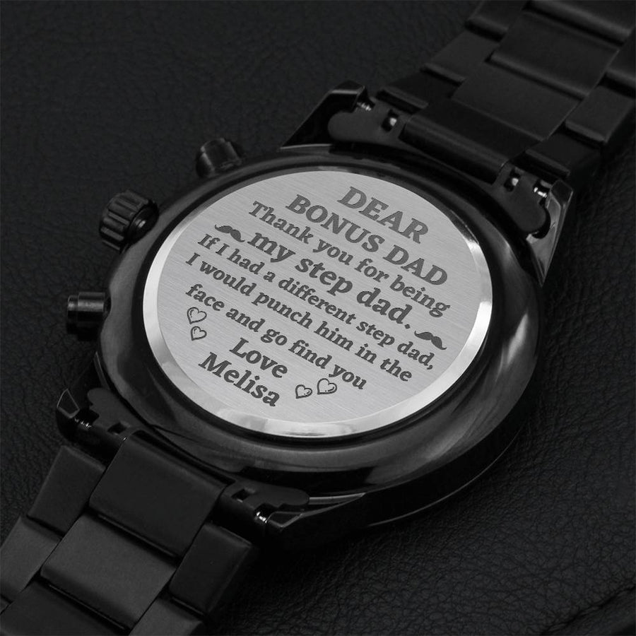 Dear Bonus Dad Thank You For Being My Step Dad Fathers Day Gift From Daughter Engraving Chronograph Watch