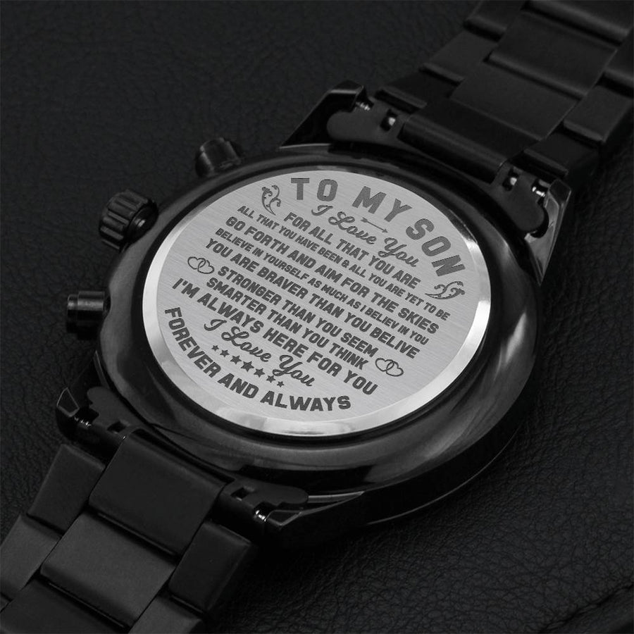 To My Son - Aim For The Skies Engraved Stainless Steel Watch Right Gifts Custom Birthday Graduation Gift For My Son From Mom Mother Dad Father Engraving Chronograph Watch