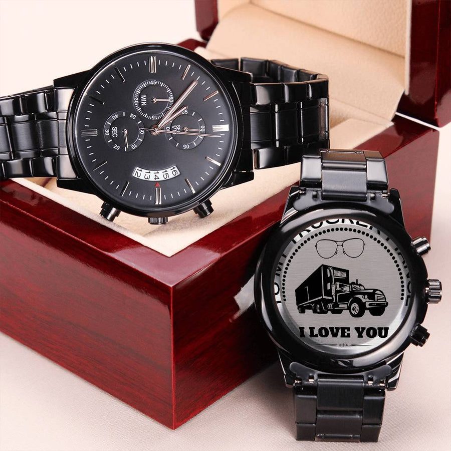 To My Trucker Fiancé - Engraved Design Black Chronograph Watch Engraving Chronograph Watch