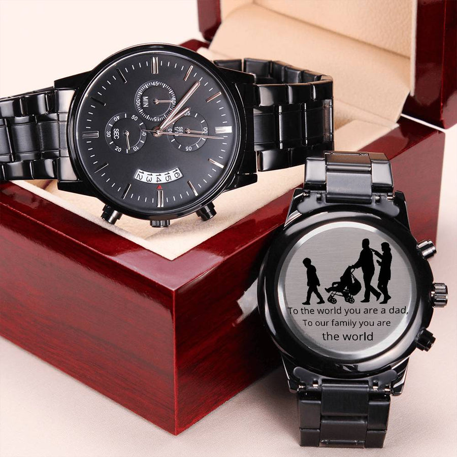 Father's Day Gift To The World Quote Family Engraved Design Black Chronograph Watch Engraving Chronograph Watch