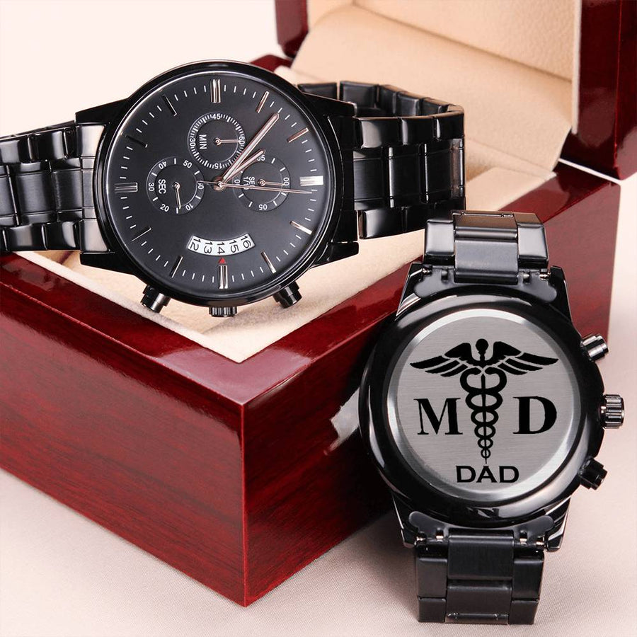 Md Dad Engraved Design Black Chronograph Watch Engraving Chronograph Watch
