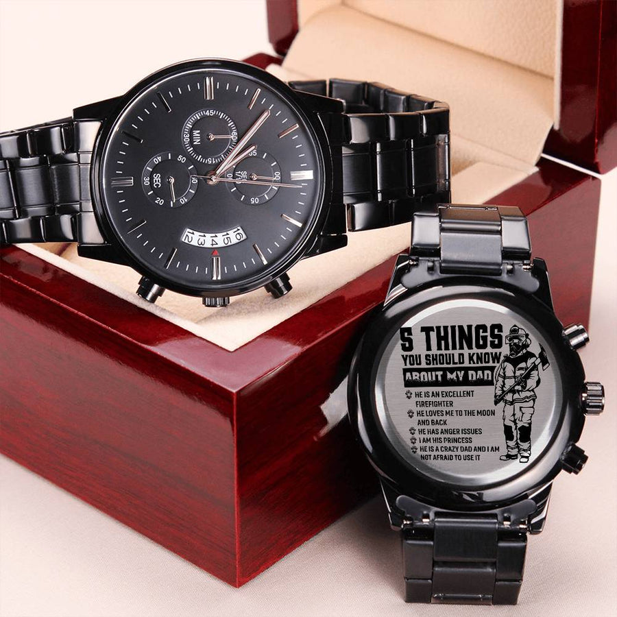 Engraved Design Black Chronograph Watch For Firefighter Dad Engraving Chronograph Watch