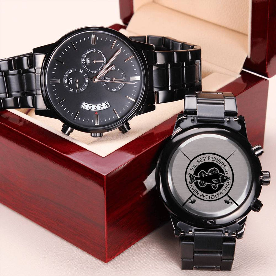 Engraved Design Black Chronograph Watch For Best Fisherman And Best Father Engraving Chronograph Watch