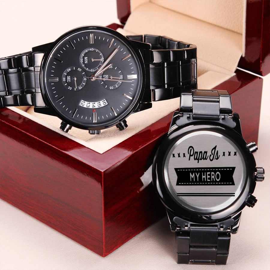 Papa Is My Hero Engraved Design Black Chronograph Watch Engraving Chronograph Watch