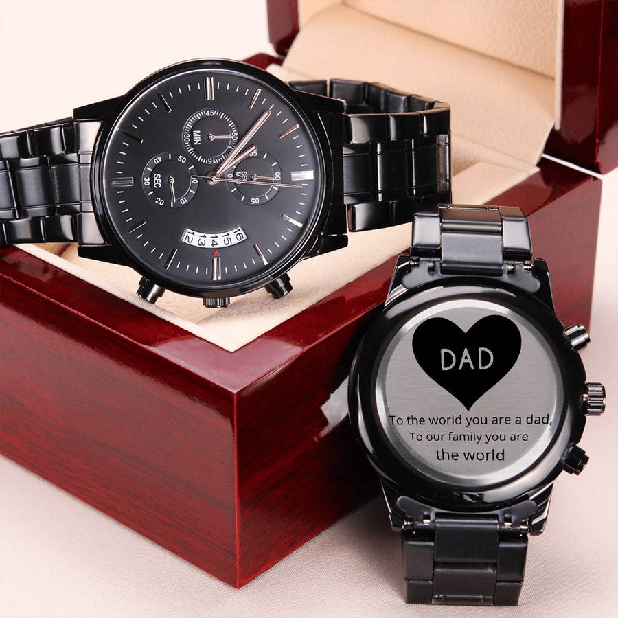 Father's Day Gift To The World Quote Dad In A Heart Engraved Design Black Watch Engraving Chronograph Watch