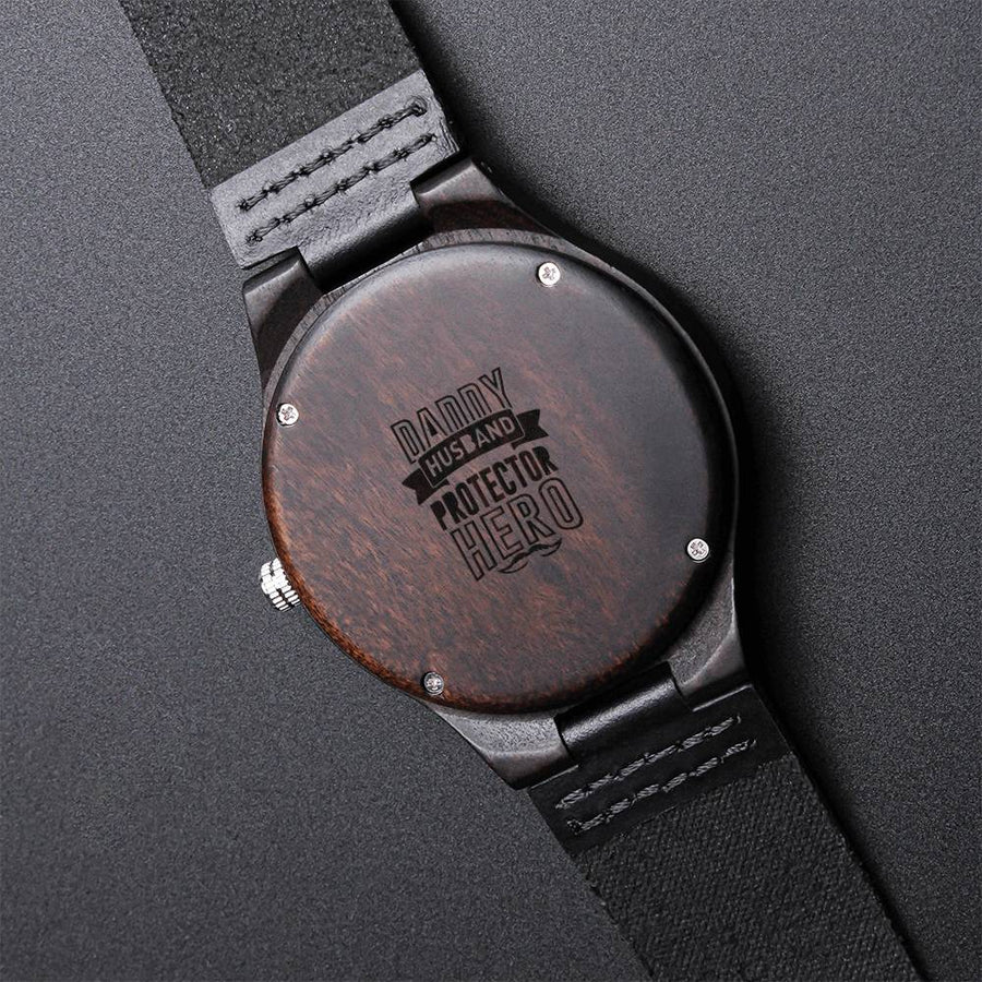 Husband - Daddy - Protector - Hero - Black Chronograph Watch Fire Fighter Dad Gift Fire Fighter Husband Personalized G Engraved Wooden Watch