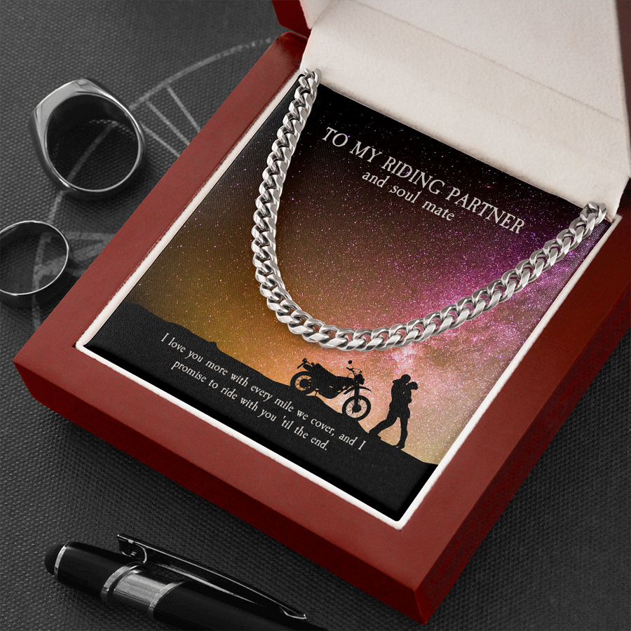 To My Riding Partner and Soul Mate, Cuban Link Chain Masculine Necklace for Riding Partner, Motorcycle Lovers Gift