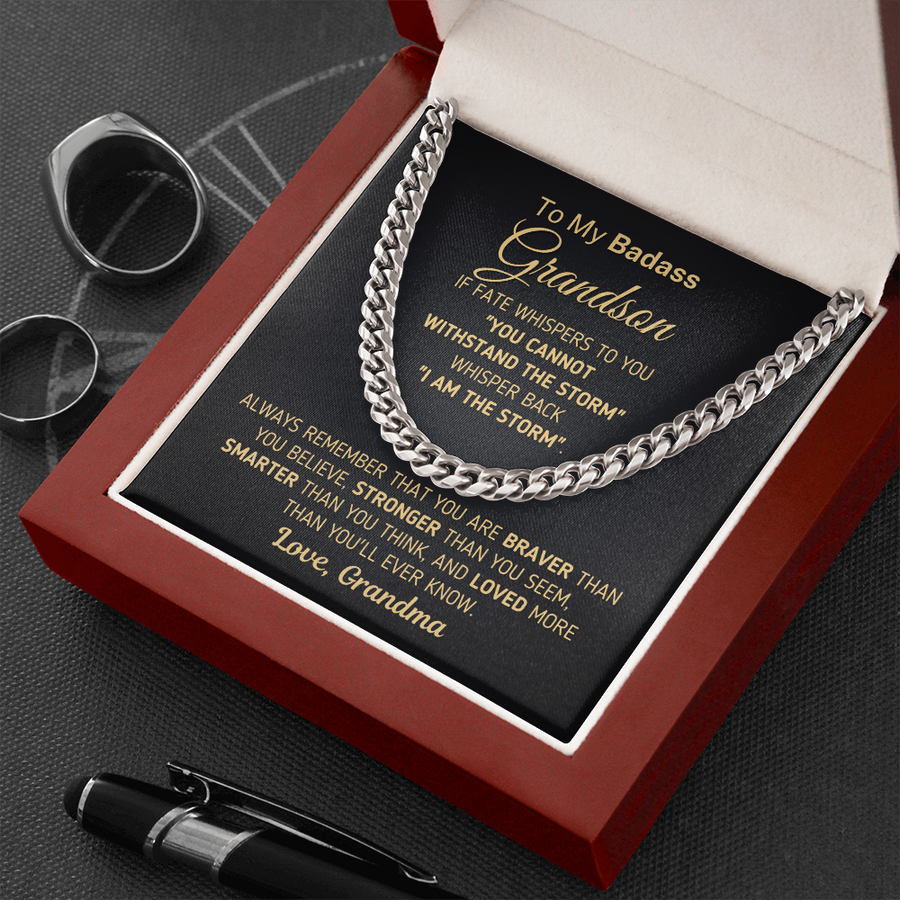 To My Badass Grandson Necklace, Gift For Grandson From Grandma, Cuban Link Chain Necklace For Grown Grandson