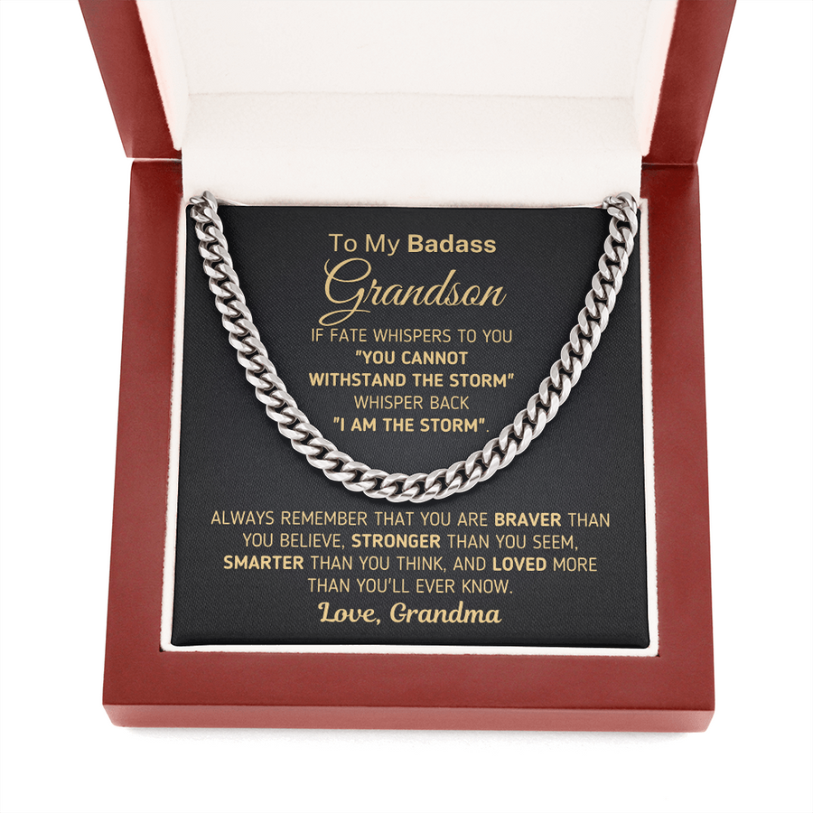To My Badass Grandson Necklace, Gift For Grandson From Grandma, Cuban Link Chain Necklace For Grown Grandson