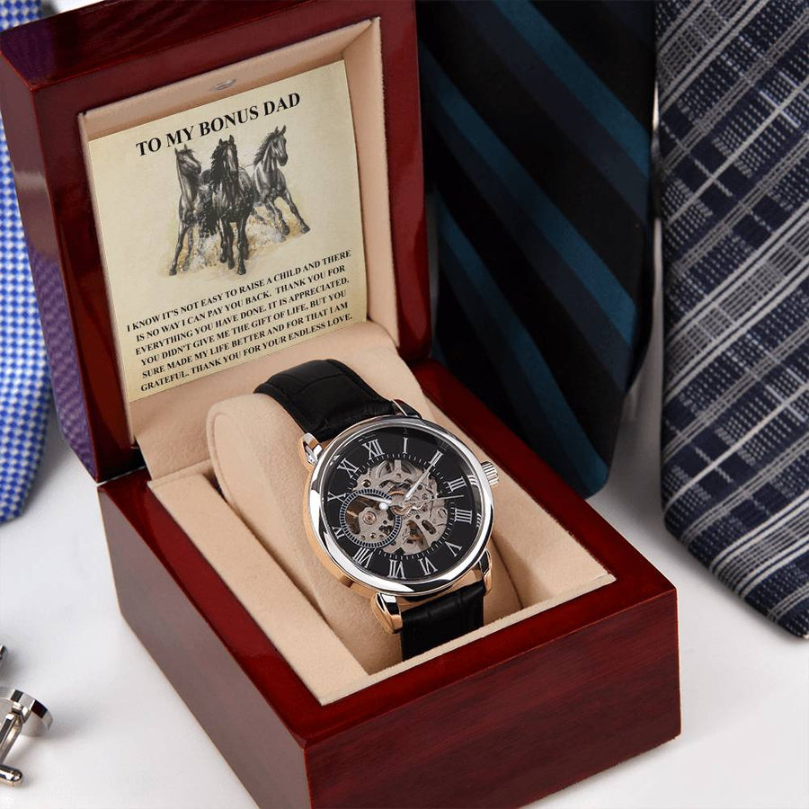 Step Dad Gift From Step Daughter Openwork Automatic Leather Strap Mens Watch Gift For Men To My Bonus Dad Stepped Up Dad Gift(2) Openwork Watch