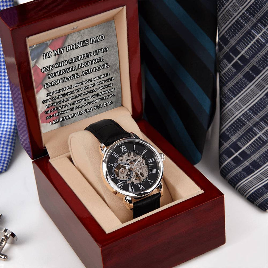 Step Dad Gift From Step Daughter Openwork Automatic Leather Strap Mens Watch Gift For Men To My Bonus Dad Stepped Up Dad Gift(5) Openwork Watch