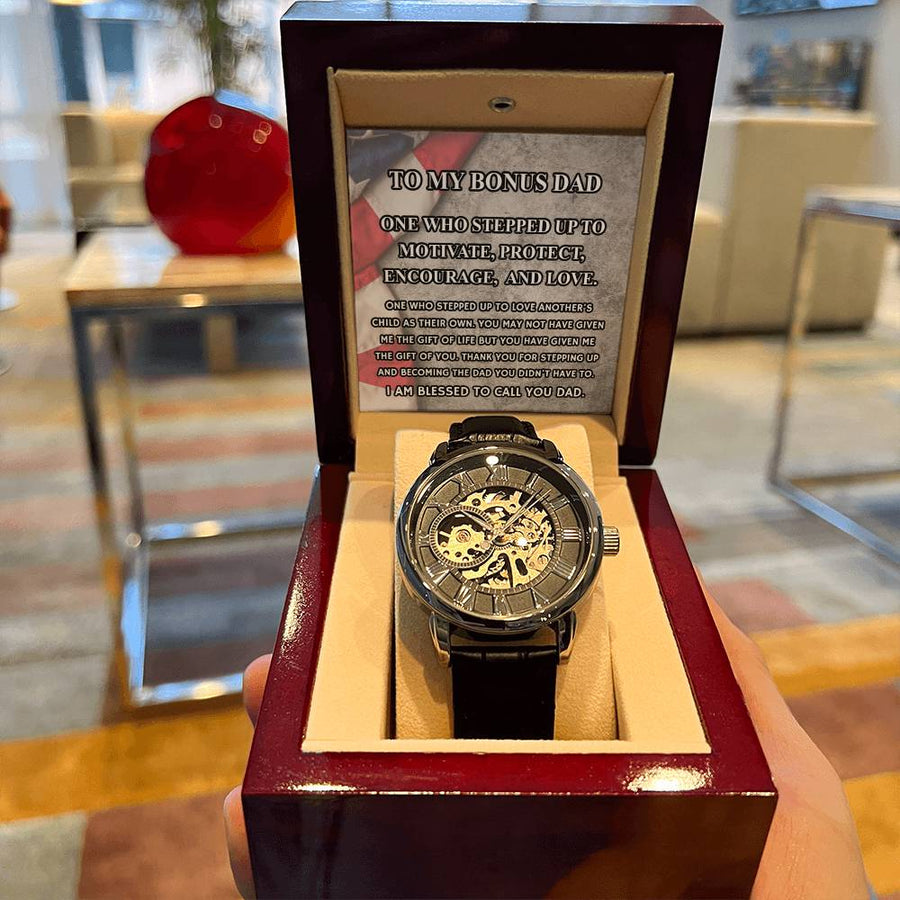 Step Dad Gift From Step Daughter Openwork Automatic Leather Strap Mens Watch Gift For Men To My Bonus Dad Stepped Up Dad Gift(5) Openwork Watch
