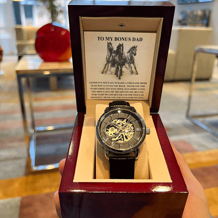 Step Dad Gift From Step Daughter Openwork Automatic Leather Strap Mens Watch Gift For Men To My Bonus Dad Stepped Up Dad Gift(2) Openwork Watch