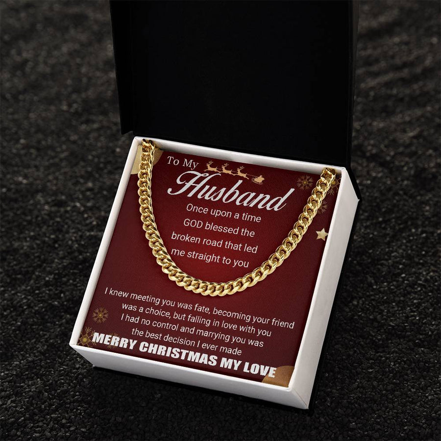 To My Husband - Merry Christmas - Chain Necklace + Mahogany Luxury Gift Box Cuban Link Chain