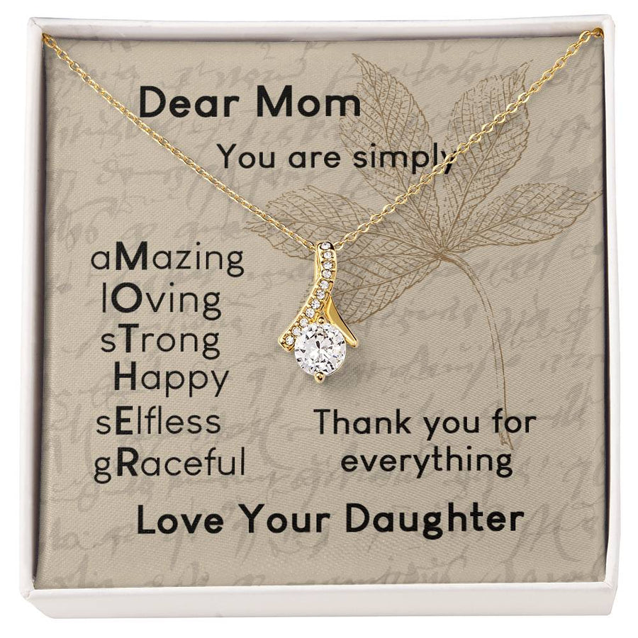 Graceful Selfless Mom Botanical Acrostic Card Necklace 14K White Gold Finish Alluring Beauty Jewelry Elegant Present for Beautiful Mother