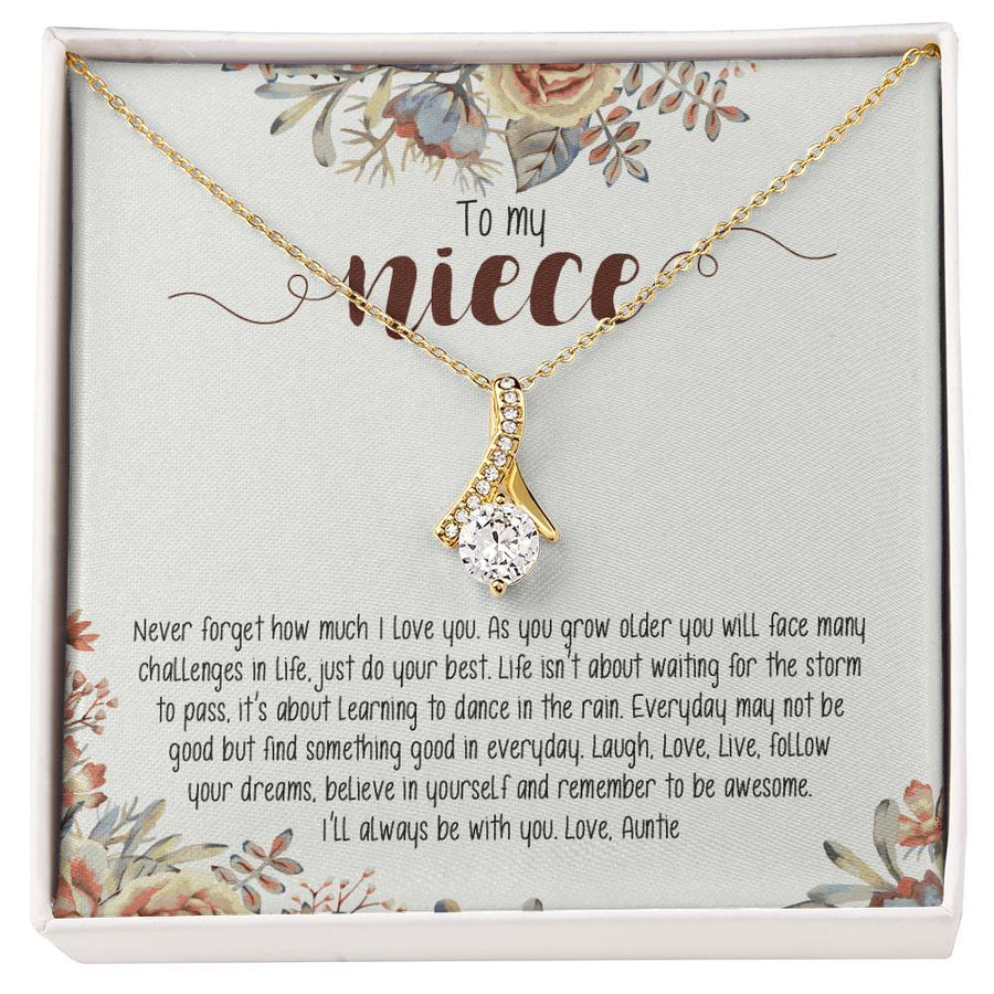 Dance in the Rain Encouragement Niece Necklace 18K Yellow Gold Finish Alluring Beauty Jewelry Floral Card Gift from Loving Aunt