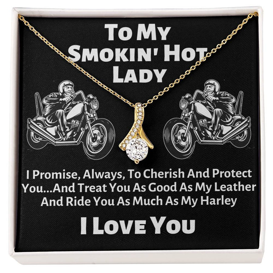 Smokin Hot Lady Cherish Protect Good Leather 18K Yellow Gold Finish Alluring Beauty Necklace Jewelry Perfect Gift for Biker Wife Anniversary