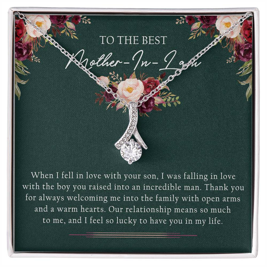 Lucky to Have You Floral Mom-in-Law Necklace 14K White Gold Finish Alluring Beauty Necklace Jewelry Emotional Present for Elegant Mother-In-Law