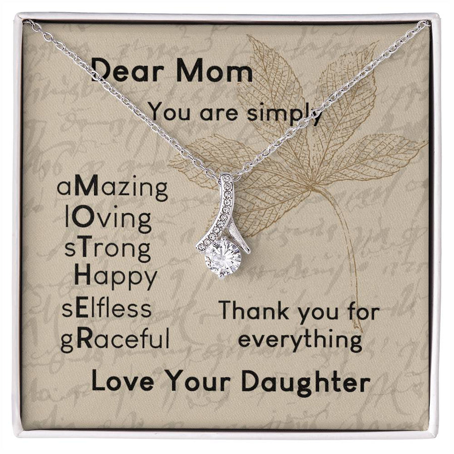Graceful Selfless Mom Botanical Acrostic Card Necklace 14K White Gold Finish Alluring Beauty Jewelry Elegant Present for Beautiful Mother