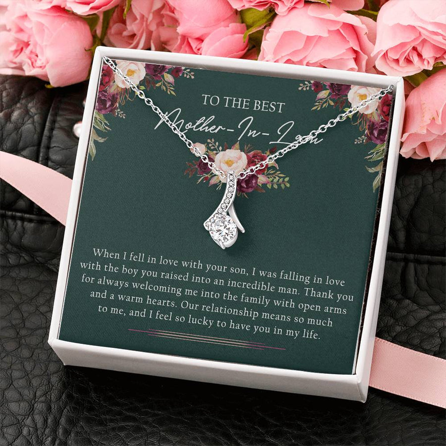 Lucky to Have You Floral Mom-in-Law Necklace 14K White Gold Finish Alluring Beauty Necklace Jewelry Emotional Present for Elegant Mother-In-Law