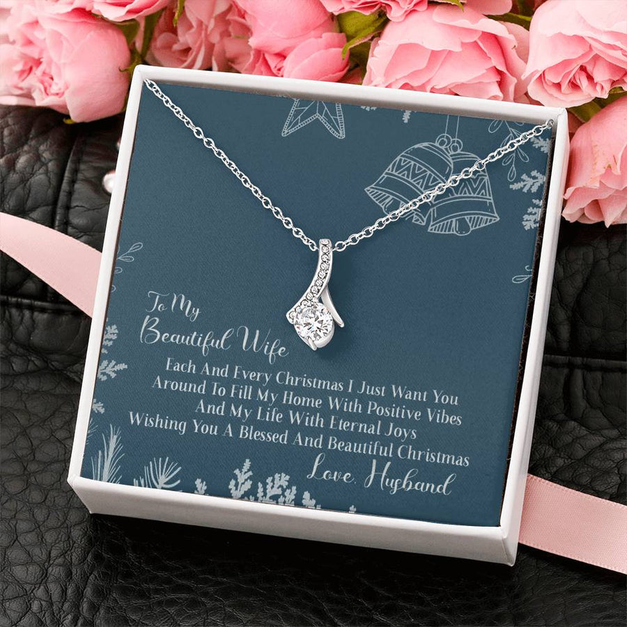 Positive Vibes Blessed Wife Christmas 14K White Gold Finish Alluring Beauty Necklace Jewelry Elegant Gift for Beautiful Wife Christmas