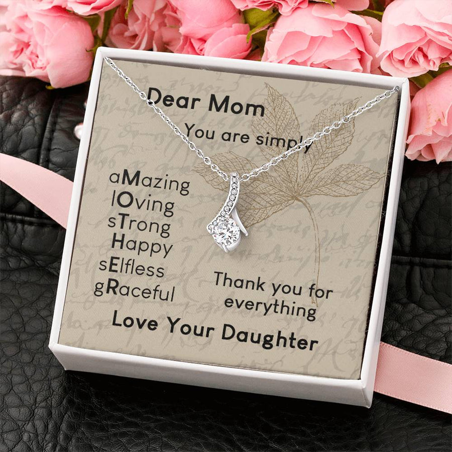 Graceful Selfless Mom Botanical Acrostic Card Necklace 14K White Gold Finish Alluring Beauty Jewelry Elegant Present for Beautiful Mother