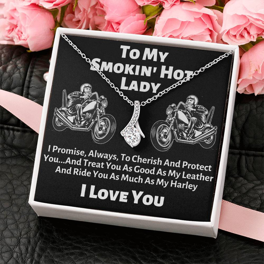 Smokin Hot Lady Cherish Protect Good Leather 18K Yellow Gold Finish Alluring Beauty Necklace Jewelry Perfect Gift for Biker Wife Anniversary