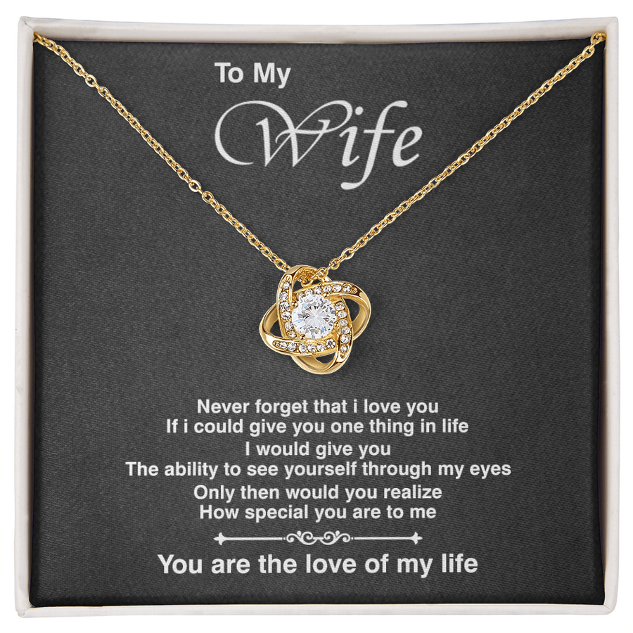 To My Wife See Through My Eyes Love Life 14K Gold Love Knot Necklace Jewelry Romantic Gift for Wife Anniversary