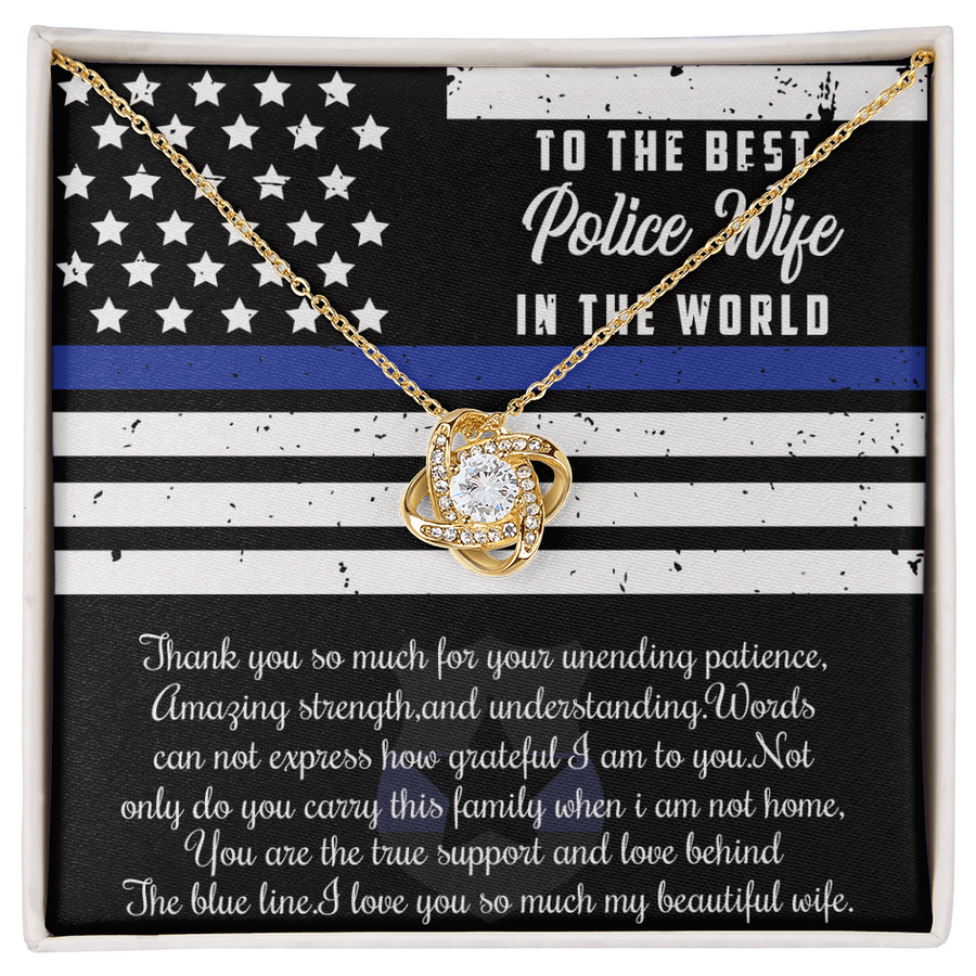 To Best Police Wife Blue Line Support 14K Gold Love Knot Necklace Jewelry Beautiful Gift for Wife Anniversary