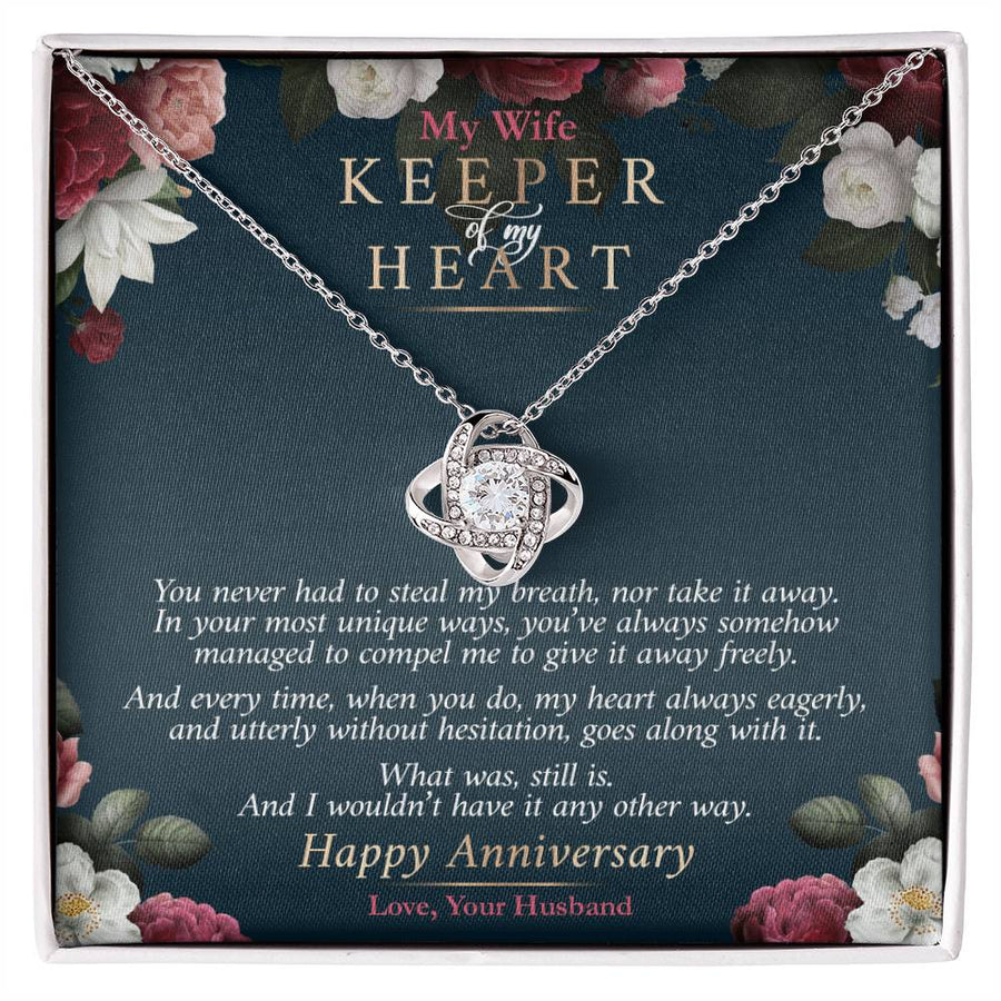 To My Wife Keeper of My Heart Never Steal Breath 14K Gold Love Knot Necklace Jewelry Romantic Gift for Wife Anniversary