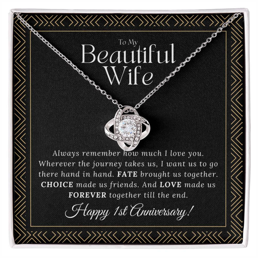 To My Beautiful Wife Happy 1st Anniversary Always Remember How Much Love Journey Forever 14K Gold Love Knot Necklace Romantic Gift for Wife Anniversary