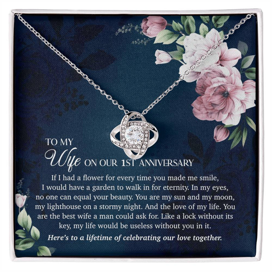 To My Wife 1st Anniversary Flower Garden Walk Eternity 14K Gold Love Knot Necklace Jewelry Beautiful Gift for Wife Anniversary