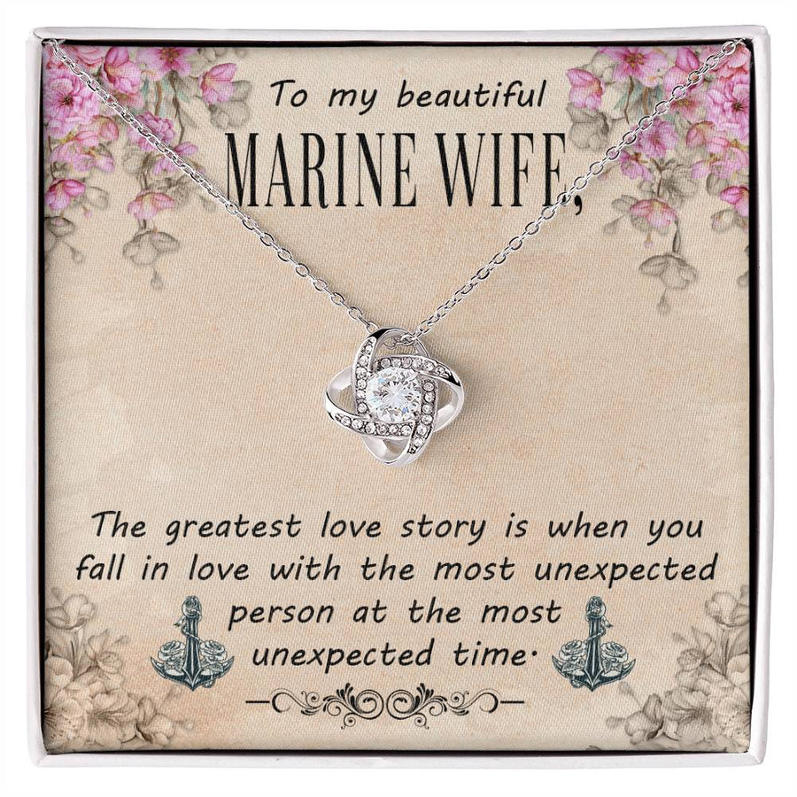 To My Beautiful Marine Wife Greatest Love Story Unexpected 14K Gold Love Knot Necklace Jewelry Beautiful Gift for Wife Anniversary