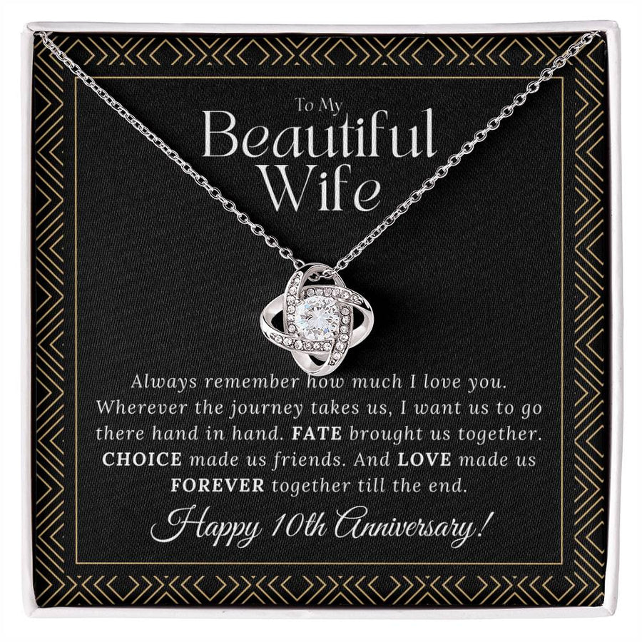 To My Beautiful Wife Happy 10th Anniversary Fate Choice Love Forever Hand in Hand 14K Gold Love Knot Necklace Jewelry Romantic Gift for Wife Anniversary