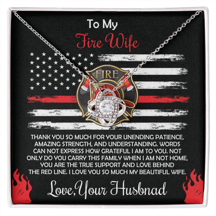 To My Fire Wife Unending Patience Amazing Strength Red Line Support 14K Gold Love Knot Necklace Jewelry Perfect Gift for Wife Anniversary
