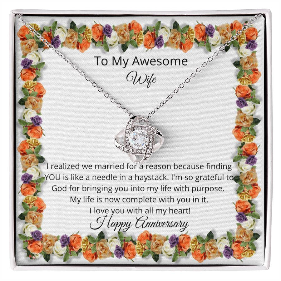 To My Awesome Wife Married Reason Needle Haystack 14K Gold Love Knot Necklace Jewelry Beautiful Gift for Wife Anniversary